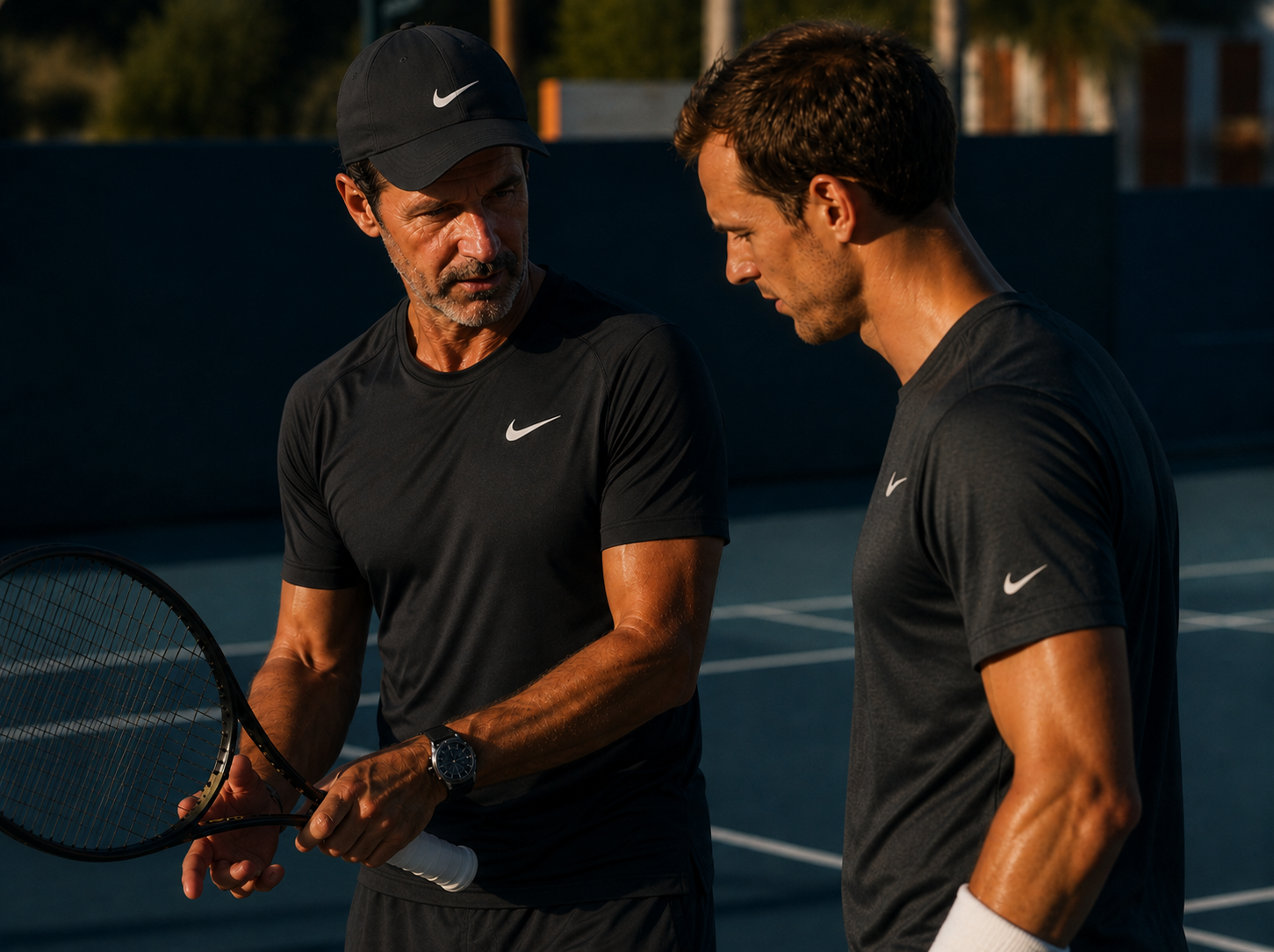 Tennis coach instructing a player on court