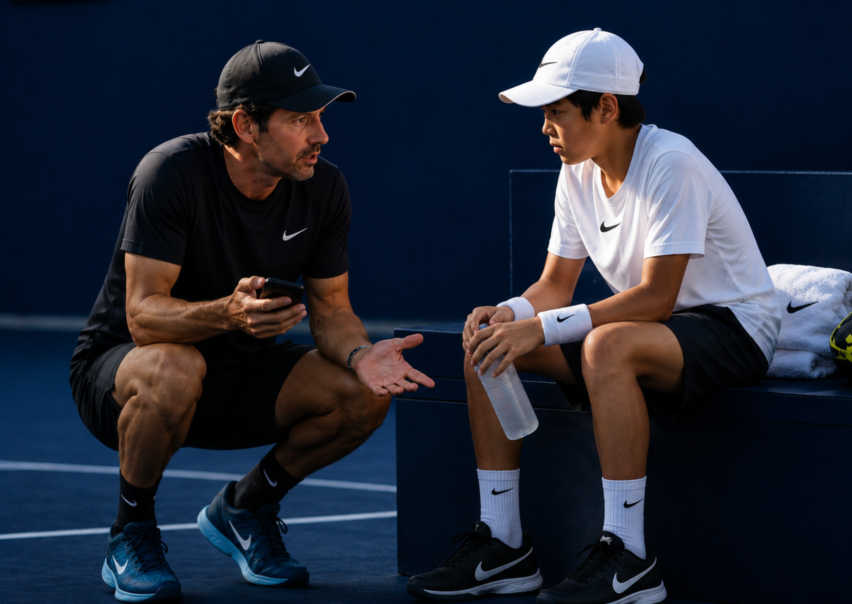 Coach checking phrases on a phone courtside with a junior player