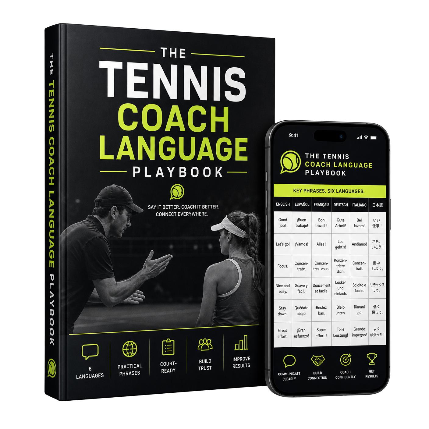 The Tennis Coach Language Playbook shown on a book cover and a smartphone with six-language phrase table